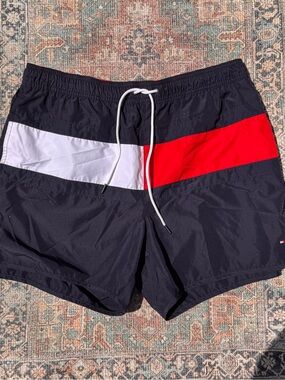 Tommy Hilfiger Navy Swim Trunks with Red & White Chevron
